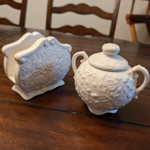 HOME White Floral Napkin Holder and Sugar Canister Set